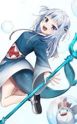  :d animal_hood bloop_(gawr_gura) blue_eyes blue_hair female fins fish_tail from_behind from_side gakuon_(gakuto) gawr_gura gawr_gura_(1st_costume) grey_hair hair_ornament holding holding_weapon hololive hololive_english hood jumping lifted_by_tail light_blush long_hair long_sleeves looking_at_viewer multicolored_hair no_pants open_mouth polearm shark_girl shark_hair_ornament shark_hood shark_tail sharp_teeth sleeves_past_wrists smile solo streaked_hair tail teeth trident two_side_up virtual_youtuber weapon wide_sleeves 