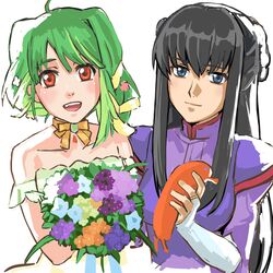  2girls arm_strap black_hair blue_eyes bouquet bow bow_choker breasts choker commission crossover dress flower green_dress green_hair gundam gundam_00 hair_flower hair_ornament hair_ribbon highres holding holding_bouquet long_hair looking_at_viewer macross macross_frontier macross_frontier:_toki_no_meikyu marina_ismail medium_breasts multicolored_hair multiple_girls nekkikamille oosanshouuo-san orange_choker orange_eyes purple_dress ranka_lee ribbon short_hair smile strapless strapless_dress white_background yellow_bow yellow_choker 