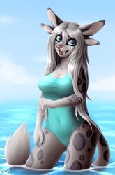  2019 4_ears anthro black_ears bloominglynx blue_clothing blue_eyes blue_sky breasts charr clothing digital_media_(artwork) digital_painting_(artwork) fangs felid female front_view fur furmessiah_(character) glistening glistening_eyes grey_body grey_fur grey_hair guild_wars hair happy hi_res inner_ear_fluff looking_at_viewer mammal markings multi_ear navel_outline one-piece_swimsuit open_mouth open_smile partially_submerged red_nose red_tongue sky smile solo spots spotted_arms spotted_body spotted_fur spotted_legs standing swimwear teeth tongue tuft white_inner_ear_fluff 