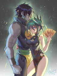  1boy arm_around_waist bare_shoulders black_hair blue_eyes breasts china_dress chinese_clothes couple dress female green_hair hair_between_eyes highres holding jiangshi large_breasts lee_bailong long_hair ofuda pelvic_curtain shaman_king side_slit straight tao_jun tenjou_tsuki zombie 