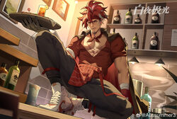  1boy absurdres ahoge alchemy_stars apron aussummer bara facial_hair from_below goatee headband highres indoors long_hair looking_at_viewer male_focus mechanical_arms multicolored_hair muscular muscular_male pectoral_cleavage pectorals red_apron red_hair scar scar_on_chest seductive_smile shoes single_mechanical_arm sinsa_(alchemy_stars) smile sneakers solo spread_legs thick_eyebrows thick_thighs thighs waist_apron white_hair wide_spread_legs yellow_eyes 