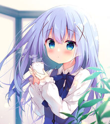  blue_bow blue_eyes blue_hair blue_vest blurry blurry_background blush bow collared_shirt commentary_request cup depth_of_field female gochuumon_wa_usagi_desu_ka? hair_between_eyes hair_ornament hands_up highres holding holding_cup izumiyuhina kafuu_chino long_hair looking_at_viewer parted_lips rabbit_house_uniform shirt solo uniform upper_body very_long_hair vest waitress white_shirt x_hair_ornament 