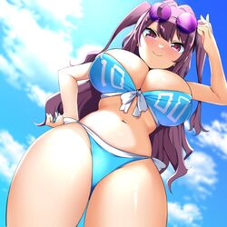  bad_id bad_twitter_id bare_shoulders bebebe_(pepegakii) bikini blue_bikini blue_sky blush breasts cleavage eyewear_on_head female hase_rinon highres large_breasts long_hair looking_at_viewer navel oppai_loli purple_eyes purple_hair sky smile solo sunglasses swimsuit tama_project thighs two_side_up virtual_youtuber 