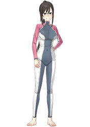  amanchu! barefoot black_eyes black_hair bodysuit commentary_request covered_navel diving_suit easy_(aqk7bdqt) female full_body grin hand_on_own_hip katori_mato long_hair ponytail simple_background smile solo wetsuit white_background 