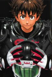  1boy american_football_helmet american_football_uniform armor black_background black_gloves black_headwear brand_name_imitation brown_eyes brown_hair closed_mouth commentary dark-skinned_male dark_skin eyeshield_21 gloves helmet holding holding_helmet kobayakawa_sena logo_parody looking_at_viewer male_focus multicolored_clothes multicolored_gloves murata_yuusuke official_art red_gloves scan short_hair smile solo spiked_hair sportswear thick_eyebrows traditional_media unworn_headwear unworn_helmet upper_body v-shaped_eyebrows white_gloves wide-eyed 