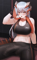  absurdres alternate_costume arknights bare_arms bare_shoulders black_gloves black_pants black_sports_bra blush breasts brown_eyes bulge cleavage commentary covered_penis crop_top earrings erection erection_under_clothes female futanari gloves grey_hair hair_between_eyes hand_up highres horns indoors jewelry large_breasts long_hair looking_at_viewer midriff mo_ne navel open_mouth pants penis rhine_lab_logo saria_(arknights) sitting solo sports_bra stomach stud_earrings symbol-only_commentary track_pants 