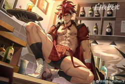  1boy absurdres ahoge alchemy_stars apron aussummer bara bare_pectorals black_male_underwear boxer_briefs facial_hair from_below goatee headband highres indoors long_hair looking_at_viewer male_focus male_underwear mechanical_arms multicolored_hair muscular muscular_male no_pants open_clothes open_shirt pectorals red_apron red_hair scar scar_on_chest seductive_smile shoes single_mechanical_arm sinsa_(alchemy_stars) smile sneakers solo spread_legs thick_eyebrows thick_thighs thighs underwear waist_apron white_hair wide_spread_legs yellow_eyes 