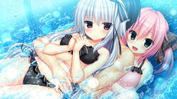  1boy 2girls bikini black_bikini black_bow black_bowtie black_hair black_ribbon blush bow bow_bikini bowtie breasts closed_mouth frilled_bikini frills game_cg girl_sandwich green_eyes hair_intakes hair_ribbon hairbow hug hug_from_behind long_hair looking_at_viewer medium_breasts miyase_mihiro multiple_girls narumi_toa official_art open_mouth partially_submerged pink_bikini pink_hair red_eyes ribbon sandwiched short_hair side-tie_bikini_bottom sitting smile splashing swimsuit two_side_up utsunomiya_tsumire wagamama_high_spec water water_drop white_hair 