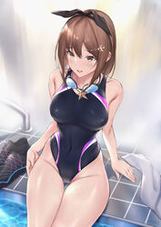  atelier_(series) atelier_ryza atelier_ryza_1 bare_shoulders black_footwear black_ribbon blue_one-piece_swimsuit blush breasts brown_eyes brown_hair collarbone competition_swimsuit covered_navel female goggles goggles_around_neck hair_ornament hair_ribbon hairclip highleg highleg_swimsuit jewelry large_breasts long_hair looking_at_viewer necklace one-piece_swimsuit open_mouth parfaitlate poolside reisalin_stout ribbon shoes short_hair sitting smile solo star_(symbol) star_necklace swimsuit thighs unworn_shoes 