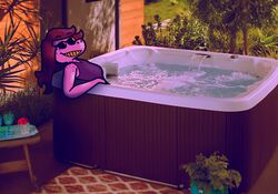  clothing deltarune eyewear female freckles garden hair hot_tub lizard mixed_media pink_body pink_scales purple_hair queen_susie reptile scales scalie smile solo sunglasses susie_(deltarune) swimwear teeth undertale_(series) water yellow_teeth 