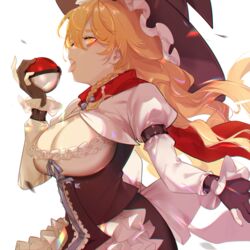  black_gloves black_hat black_skirt black_vest blonde_hair blue_bow blue_ribbon blush bow braid breasts center_frills cleavage cleavage_cutout clothing_cutout commentary_request cookie_(touhou) female frilled_hat frilled_sleeves frills gloves hair_between_eyes hairbow hat holding holding_poke_ball jiyu_(jiyusi) juliet_sleeves kirisame_marisa large_breasts long_hair long_sleeves looking_at_viewer looking_to_the_side mars_(cookie) open_mouth partially_fingerless_gloves poke_ball pokemon puffy_sleeves red_scarf ribbon scarf shirt side_braid simple_background single_braid skirt solo tongue tongue_out touhou upper_body vest white_background white_shirt witch_hat yellow_eyes 