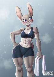  abs absurd_res athletic_wear blush bodily_fluids bottomwear bra clothing disney female gym_bottomwear gym_shorts hi_res judy_hopps lagomorph lazydez leporid mammal muscular muscular_female rabbit shorts solo sports_bra sweat text towel underwear url zootopia 