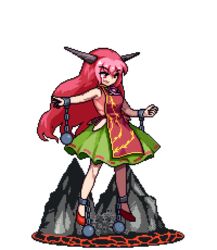  :d antinomy_of_common_flowers bare_shoulders breasts chains commentary cuffs female floating flower full_body green_skirt horns ibaraki_douji_(touhou) ibaraki_kasen lava long_hair lowres no_socks official_style open_mouth outstretched_arm pink_eyes pink_hair pixel_art red_footwear ribbon-trimmed_skirt ribbon_trim rock shackles shirt skirt skull sleeveless sleeveless_shirt smile solo spoilers tabard the_hammer touhou transparent_background weights 