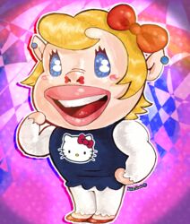  altiastudio animal_crossing artist_name blonde_hair blue_eyes bow commentary earrings female gorilla hello_kitty hello_kitty_(character) jewelry open_mouth rilla_(animal_crossing) sanrio solo teeth 