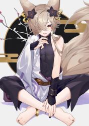  1boy absurdres animal_ears axescr barefoot brown_hair erune feet flower fox_boy fox_ears fox_tail granblue_fantasy hair_flower hair_ornament hands_on_feet highres kou_(granblue_fantasy) looking_at_viewer male_focus nail_polish one_eye_covered solo tail toenail_polish toenails toes yellow_eyes 