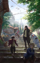  4boys absurdres armband armin_arlert bird brothers building commentary day english_commentary envie_p1 eren_yeager eyewear_on_head feline female half-siblings highres house lolicon marley_military_uniform mikasa_ackerman multiple_boys outdoors scenery shingeki_no_kyojin siblings stairs tree zeke_yeager 