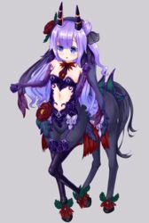  :o ahoge azur_lane bare_shoulders bicorn black_bow black_ribbon blush bow breasts centaur clenched_hands clothing_cutout commentary_request elbow_gloves female flower full_body garter_straps gloves grey_background hair_between_eyes hair_bun hair_flower hair_ornament hana_yamakiri heart_cutout hooves horns horse_legs horse_tail leg_up leotard long_hair looking_at_viewer monster_girl monster_girl_encyclopedia monsterification navel navel_cutout one_side_up purple_eyes purple_gloves purple_hair purple_leotard purple_thighhighs red_flower red_rose ribbon rose sidelocks single_hair_bun single_side_bun small_breasts solo standing standing_on_three_legs strapless strapless_leotard tail taur thighhighs unicorn_(azur_lane) 