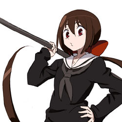  black_serafuku breasts brown_hair closed_mouth collarbone commentary_request female grey_neckerchief hair_between_eyes hair_ribbon hand_on_own_hip holding holding_weapon koto_(kyousougiga) kyousougiga long_hair long_sleeves looking_at_viewer neckerchief o3o over_shoulder photoshop_(medium) ponytail puckered_lips red_eyes red_ribbon ribbon sailor_collar school_uniform serafuku simple_background small_breasts solo standing tonmoh upper_body very_long_hair weapon weapon_over_shoulder white_background white_sailor_collar 