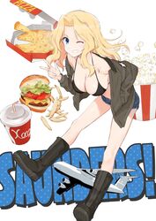  ;) adapted_costume aircraft airplane bare_shoulders bikini bikini_top_only bikini_under_clothes black_bikini blonde_hair blue_eyes blue_footwear blue_shorts breasts brown_jacket burger c-5m_super_galaxy cleavage commentary cup denim denim_shorts disposable_cup drinking_straw emblem english_text female food french_fries girls_und_panzer grin hair_intakes highres jacket kay_(girls_und_panzer) large_breasts leaning_forward long_hair long_sleeves looking_at_viewer military military_uniform muteki_soda no_shirt off_shoulder one_eye_closed open_clothes open_jacket patch pizza popcorn saunders_military_uniform short_shorts shorts shoulder_patch smile solo standing star_(symbol) swimsuit text_background uniform w 