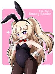  :3 animal_ears azur_lane bache_(azur_lane) black_leotard black_pantyhose blonde_hair bow bowtie breasts character_name commentary_request cowboy_shot detached_collar fake_animal_ears female kurono leotard long_hair looking_at_viewer pantyhose playboy_bunny purple_eyes rabbit_ears rabbit_tail red_bow red_bowtie small_breasts smile solo standing strapless strapless_leotard tail two-tone_background two_side_up wrist_cuffs 