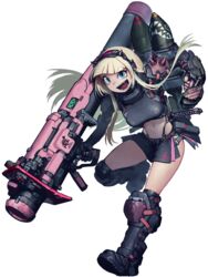  armor black_footwear blonde_hair blue_eyes blunt_bangs boots breastplate character_request dairoku_ryouhei female full_body hetza_(hellshock) holding holding_weapon long_hair looking_at_viewer midriff miniskirt navel nose_art oerba_yun_fang open_mouth rocket_launcher shark_nose_art shoulder_armor sidelocks skirt smile solo spiked_armor sword teeth transparent_background very_long_hair weapon 