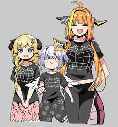  3girls ^_^ ^v^ ahoge alternate_costume alternate_hairstyle amane_kanata angel angel_wings animal_ears black_pants black_shirt blonde_hair blue_hair blush_stickers bow braid breasts clenched_hand closed_eyes closed_mouth commentary_request dragon_horns dragon_tail feathered_wings flat_chest floral_print flower grey_hair hair_flaps hair_flower hair_ornament hairclip halo hands_on_own_hips highres hololive horn_bow horn_ornament horns illusion_grid_t-shirt kiryu_coco large_breasts long_hair looking_at_viewer matching_outfits medium_breasts meme_attire midriff multicolored_hair multiple_girls navel od_od5392 oerba_yun_fang open_mouth optical_illusion orange_hair own_hands_together pants pillow pink_skirt ponytail protected_link purple_eyes scrunchie sheep_ears sheep_girl sheep_horns shirt short_hair short_sleeves simple_background skirt small_breasts smile sweatpants t-shirt tail tsunomaki_watame twintails two-tone_hair virtual_youtuber walking wings 