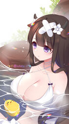  afloat animal_ears artist_name azur_lane bandaid bandaid_on_head bare_shoulders bikini blunt_bangs blush breasts brown_hair chinese_commentary choker cleavage closed_mouth collarbone commentary_request cow_ears cow_horns criss-cross_halter crossed_bandaids dated diffraction_spikes female flower hair_between_eyes hair_flower hair_ornament halterneck heart heart_in_eye highres horns huge_breasts kashino_(azur_lane) kashino_(hot_springs_relaxation)_(azur_lane) large_breasts long_hair manjuu_(azur_lane) midriff navel official_alternate_costume onsen partially_submerged plant purple_eyes rock sidelocks signature sitting solo_focus steam swimsuit symbol_in_eye upper_body water white_bikini white_choker white_flower xiao_shi_lullaby 