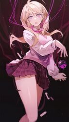  :o ahoge akamatsu_kaede ball blonde_hair blood danganronpa_(series) danganronpa_v3:_killing_harmony feet_out_of_frame female grey_shirt hair_ornament hand_up highres long_hair long_sleeves looking_at_viewer miniskirt musical_note musical_note_hair_ornament musical_note_print pink_blood pink_eyes pink_vest pleated_skirt red_background red_skirt rirene_rn shirt skirt solo teeth upper_teeth_only vest 