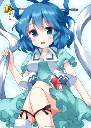  :d aqua_dress black_ribbon blue_background blue_eyes blue_hair blush breasts collarbone commentary crossed_legs dress drill_hair female floating gradient_background hagoromo hair_between_eyes hair_ornament hair_rings hair_stick highres holding_shawl kaku_seiga leg_ribbon looking_at_viewer one-hour_drawing_challenge open_clothes open_mouth open_vest ribbon ruu_(tksymkw) shawl short_hair simple_background sitting small_breasts smile solo touhou vest white_vest 