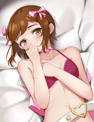  amami_haruka amco belt blush bow bra breasts brown_hair choker collarbone female green_eyes hairbow hand_up heart heart_choker idolmaster idolmaster_(classic) jacket jewelry looking_at_viewer lying medium_breasts navel on_back pillow pink_bow pink_choker pink_jacket red_bra ring shiny_skin short_hair solo underwear 