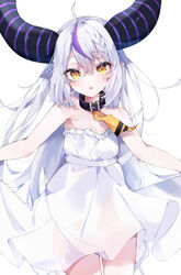  absurdres ahoge alternate_costume braid braided_bangs breasts collar demon_girl demon_horns diagonal-striped_clothes diagonal-striped_neckerchief dress female grey_hair highres hololive horns la+_darknesss long_hair looking_at_viewer multicolored_hair neckerchief parted_lips pointy_ears purple_hair see-through shigureszku simple_background slit_pupils small_breasts solo strapless strapless_dress streaked_hair striped_clothes striped_horns very_long_hair virtual_youtuber white_background white_dress yellow_eyes yellow_neckerchief 