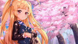  ahoge ame. azur_lane black_jacket blazer blonde_hair blue_bow blush book bow brown_skirt cherry_blossoms commentary_request day duplicate eldridge_(azur_lane) eldridge_(the_inquisitive_recluse)_(azur_lane) facial_mark female flower hair_ornament hairclip hand_up holding holding_book jacket long_hair long_sleeves official_alternate_costume outdoors parted_lips petals pink_flower pixel-perfect_duplicate plaid plaid_skirt red_eyes signature skirt solo tree two_side_up very_long_hair 