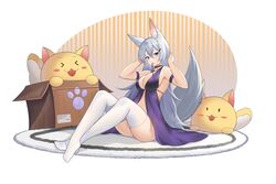  &gt;_&lt; :3 :d absurdres adjusting_hair animal_ear_fluff animal_ears armband ass bare_shoulders bell black_choker blue_eyes box breasts carpet chinese_commentary choker cleavage commentary dress female full_body grey_hair hair_between_eyes hair_tie_in_mouth highres knees_apart_feet_together large_breasts long_hair looking_at_viewer mouth_hold neck_bell open_mouth original paw_print purple_dress shidiancijianongpao simple_background sitting smile solo tail thighhighs thighs white_background white_thighhighs 