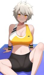  arm_support bike_shorts breasts cleavage collarbone female highres large_breasts looking_at_viewer medium_hair miyabi_(senran_kagura) senran_kagura simple_background sitting smile solo sports_bra surippa1010 white_background wristband yellow_eyes 