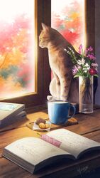  animal book cat_day commentary_request feline flower highres indoors kaminaga_mutsumi looking_outside no_humans open_book original sitting vase 