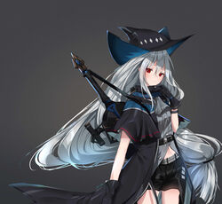  absurdres adjusting_collar arknights artist_name belt black_coat black_gloves black_hat black_shorts bracelet breasts closed_mouth coat commentary_request cowboy_shot expressionless female floating_hair gloves gradient_background grey_background grey_hair grey_shirt hair_between_eyes hat highres jewelry ku-ini long_hair looking_at_viewer low-tied_long_hair midriff navel neckerchief partially_unbuttoned red_eyes science_fiction shirt short_shorts shorts shoulder_strap signature simple_background skadi_(arknights) small_breasts solo sword thighs weapon 