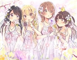  4girls :d :o bare_arms bare_shoulders black_hair blonde_hair blurry blurry_foreground blush braid branch brown_eyes brown_hair closed_mouth collarbone commentary covered_mouth depth_of_field dress english_commentary flower flower_over_mouth hair_flower hair_ornament highres higuchi_kaede_(swing!!) holding holding_flower long_hair miyasato_haruka multiple_girls oerba_yun_fang okamoto_natsuhi one_side_up open_mouth parted_lips purple_flower sakura_oriko scrunchie sleeveless sleeveless_dress smile swing!! very_long_hair white_dress white_flower white_scrunchie wrist_scrunchie yellow_flower yokomine_ibuki 