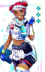  alternate_costume animification apex_legends bad_id bad_pixiv_id belt bike_shorts black_belt black_shorts blue_gloves blush brown_eyes clenched_hand crop_top cropped_jacket dark-skinned_female dark_skin double_bun earpiece eyeshadow female folder gloves grey_hat hair_bun hat highres holding holding_folder jacket lifeline_(apex_legends) looking_at_viewer makeup midriff miniskirt navel nepitasu parted_lips pocket_watch pouch red_eyeshadow red_hair shorts skirt smile solo visor_cap watch white_jacket white_skirt 