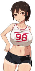  adjusting_clothes adjusting_shorts bike_shorts black_shorts blush breasts brown_eyes brown_hair closed_mouth clothes_writing collarbone commentary_request cowboy_shot female highres huge_breasts looking_at_viewer midriff navel nt00 original parted_lips photoshop_(medium) race_bib short_hair short_shorts shorts simple_background solo sports_bra sweat tan tanlines track_and_field white_background white_sports_bra 