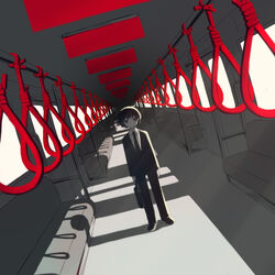  1boy avogado6 black_eyes briefcase business_suit collared_shirt colored_skin dutch_angle formal holding holding_suitcase jacket jitome looking_at_viewer male_focus monochrome necktie noose original pants red_theme shirt shoes short_hair solo streetcar_interior suit suitcase symbolism train vehicle_interior white_skin wing_collar 