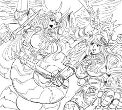  2girls armor bad_id bb_(baalbuddy) boobplate breastplate centaur centorea_shianus commentary cosplay crossover demon_primarch dual_wielding emperor&#039;s_children fangs fighting fulgrim fulgrim_(cosplay) gauntlets greyscale hair_ornament halo highres holding holding_sword holding_weapon horns inactive_account lamia laurel_crown long_hair mechanical_halo miia_(monster_musume) monochrome monster_girl monster_musume_no_iru_nichijou multiple_girls open_mouth pauldrons pointy_ears primarch roboute_guilliman roboute_guilliman_(cosplay) roman_numeral scales shoulder_armor simple_background sword taur ultramarines warhammer_40k weapon white_background wings 