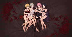  5girls ahoge asymmetrical_hair babydoll bare_shoulders barefoot bed black_babydoll black_eyes black_garter_belt black_hair black_panties black_thighhighs blonde_hair blue_eyes blush bra breasts bridal_garter brown_hair choker cleavage closed_mouth collarbone commentary_request eyelashes feet flower full_body garter_belt green_eyes grey_hair hair_between_eyes hayami_kanade highres ichinose_shiki idolmaster idolmaster_cinderella_girls jougasaki_mika lace_trim large_breasts legs lipps_(idolmaster) lips long_hair looking_at_viewer md5_mismatch miyamoto_frederica modare multiple_girls navel panties parted_bangs parted_lips petals photoshop_(medium) pink_hair red_babydoll red_flower red_panties red_rose rose rose_petals shiomi_syuko short_hair smile string_panties thighhighs underwear wavy_hair white_babydoll white_panties yellow_eyes 