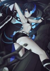  absurdres armpits ass bare_shoulders belt belt_buckle bikini bikini_top_only black_bikini black_footwear black_gloves black_hair black_ribbon black_rock_shooter black_rock_shooter_(character) black_shorts blue_eyes blurry blurry_foreground boots buckle chains coat commentary_request female flaming_eye flat_chest front-tie_bikini_top front-tie_top gloves groin highres holding holding_clothes holding_coat knee_boots long_hair looking_at_viewer micro_shorts navel no_shirt ribbon scar shorts solo soon_(toruto98) star_(symbol) star_print stomach swimsuit twintails very_long_hair white_belt 