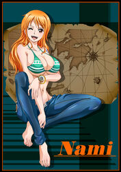  arm_under_breasts armpit_crease barefoot between_legs bikini bikini_top_only bracelet breasts character_name collarbone commentary_request denim english_text eyelashes feet female full_body green_bikini hand_between_legs heart highres holding jeans jewelry knee_up large_breasts legs long_hair nail_polish nami_(one_piece) navel one_eye_closed one_piece open_mouth orange_hair pants partially_unbuttoned pink_nails rider_(orange_couture) shiny_clothes sitting smile solo striped_bikini striped_clothes swimsuit teeth toenail_polish toenails toes tongue underboob upper_teeth_only watch wristwatch 