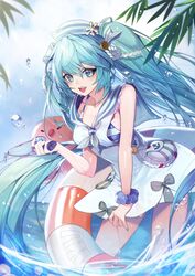  absurdres aqua_eyes aqua_hair bikini bikini_top_only breasts chicken_(dalg-idalg) cloud commentary_request dress dutch_angle female hair_between_eyes hat hatsune_miku highres korean_commentary leaning_forward long_hair looking_at_viewer medium_breasts nail_polish natsufuku_miku octopus open_mouth outdoors photoshop_(medium) sailor_dress sailor_hat scrunchie sky solo standing striped_bikini striped_clothes swimsuit taito_four_seasons_figure_(vocaloid) twintails very_long_hair vocaloid wading water_drop white_dress wrist_scrunchie 