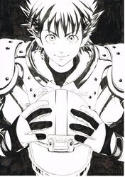  1boy absurdres american_football_helmet american_football_uniform armor black_background brand_name_imitation closed_mouth commentary eyeshield_21 gloves greyscale helmet highres holding holding_helmet kobayakawa_sena logo_parody looking_at_viewer male_focus monochrome murata_yuusuke official_art scan short_hair smile solo spiked_hair sportswear thick_eyebrows traditional_media unworn_headwear unworn_helmet upper_body v-shaped_eyebrows wide-eyed 