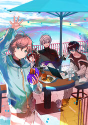  4boys animal_slippers arm_up bad_id bad_pixiv_id bendy_straw black_hair black_jacket black_sweater blue_eyes blue_hair blue_jacket brown_hair brown_shirt burger checkered closed_mouth collarbone computer copyright_name cup disposable_cup dog_slippers drinking_glass drinking_straw ear_piercing earrings fangs fast_food food french_fries grey_hair hair_between_eyes hair_ornament hairclip hayama_eishi highres holding holding_cup jacket jewelry kanae_(1st_costume)_(nijisanji) kanae_(nijisanji) kuzuha_(1st_costume)_(nijisanji) kuzuha_(nijisanji) laptop long_sleeves looking_at_viewer male_focus mayuzumi_kai mayuzumi_kai_(1st_costume) md5_mismatch multicolored_hair multiple_boys nijisanji open_clothes open_jacket open_mouth pants piercing railing red_eyes red_hair ribbed_sweater saegusa_akina saegusa_akina_(1st_costume) shirt sitting slippers smile standing stool streaked_hair sweater table turtleneck turtleneck_sweater virtual_youtuber white_footwear white_jacket white_pants 