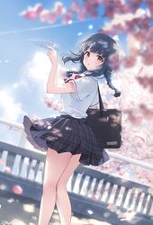  bag bare_legs black_skirt blue_sky blunt_bangs braid breasts cherry_blossoms contrail falling_petals feet_out_of_frame female floating_hair green_hair highres holding_paper_airplane idolmaster idolmaster_million_live! idolmaster_million_live!_theater_days kitakami_reika looking_at_viewer looking_back medium_breasts nys outdoors petals plaid plaid_skirt railing school_bag school_uniform shirt skirt sky solo twin_braids white_shirt 