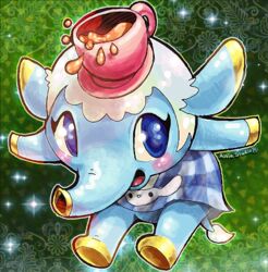  altiastudio animal_crossing animal_ears artist_name blue_eyes blush chai_(animal_crossing) cinnamoroll commentary cup elephant elephant_ears elephant_tail english_commentary female open_mouth sanrio solo sparkle teacup 