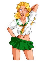  arm_behind_head arm_up blonde_hair blue_eyes cindy_sakurai contrapposto cropped_legs female graduation_(series) green_skirt hand_on_own_hip long_hair looking_at_viewer navel neckerchief one_eye_closed open_mouth qkat_(arikawa-dou) school_uniform serafuku shirt simple_background skirt solo sotsugyou_next_graduation teeth upper_teeth_only white_background white_shirt yellow_neckerchief 